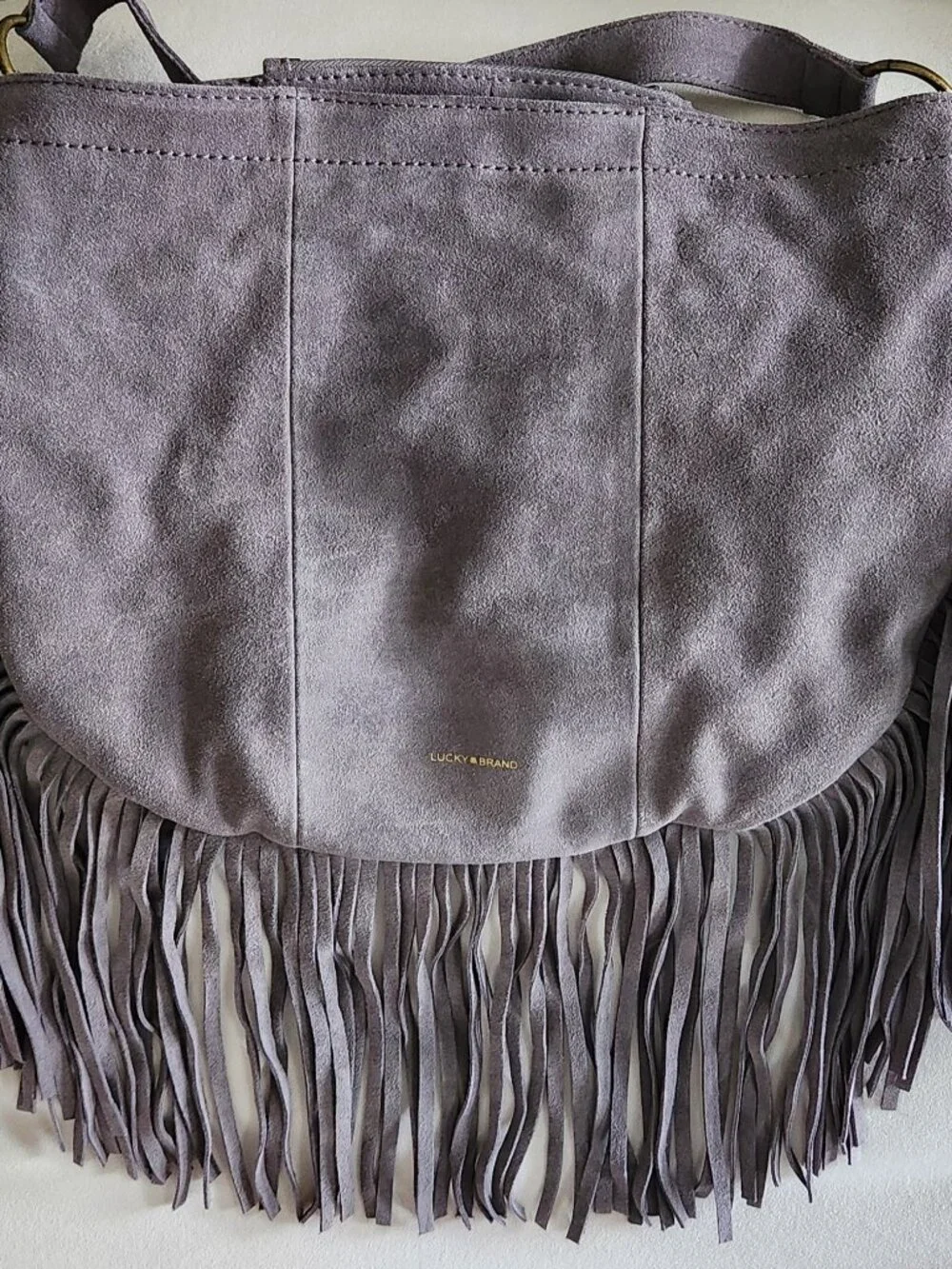 Lucky Brand Rickey Gray Suede Leather Fringe Hobo Bag NWOT